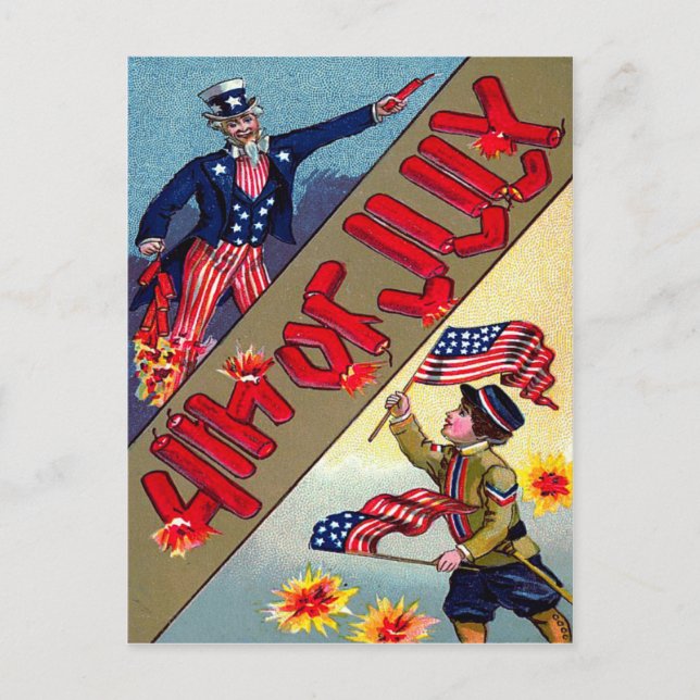Child Uncle Sam American Flag Fireworks Postcard (Front)