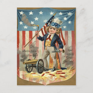 Child Uncle Sam Cannon Fire US Flag Postcard