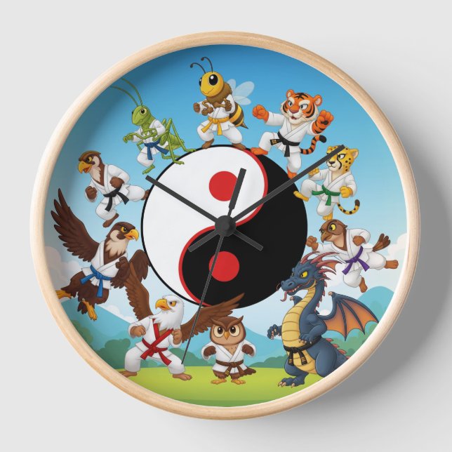 CHILD WALL CLOCK WITH MARTIAL ARTS CARTOON ANIMALS (Front)