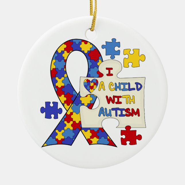 Child With Autism Awareness Ribbon Ceramic Tree Decoration (Front)