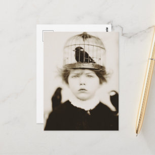 Child With Bird Cage Hat Vintage Photography Postcard