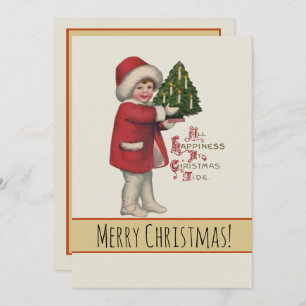 Child with Christmas Tree Vintage Illustration Art Holiday Card