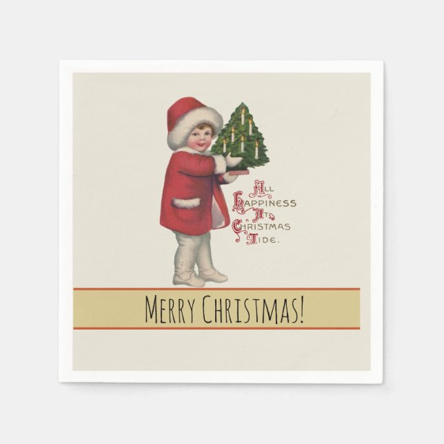 Child with Christmas Tree Vintage Illustration Art Napkin (Front)