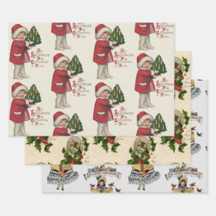 Child with Christmas Tree Vintage Illustration Art Wrapping Paper Sheet