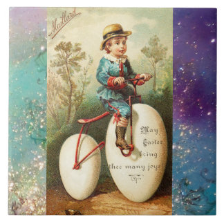 CHILD WITH EASTER EGG BIKE AND COLORFUL FLOWERS CERAMIC TILE