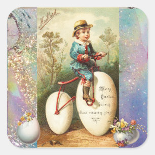 CHILD WITH EASTER EGG BIKE AND COLORFUL FLOWERS SQUARE STICKER