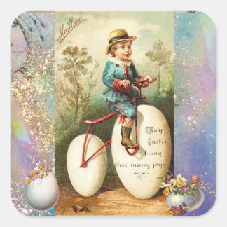 CHILD WITH EASTER EGG BIKE AND COLORFUL FLOWERS SQUARE STICKER