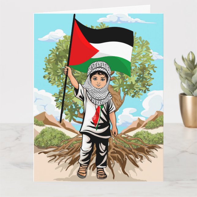 Child with Keffiyeh Palestine Flag and Olive Tree  Card (Small Plant)