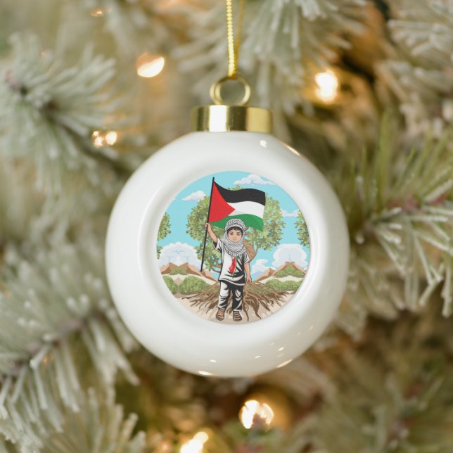 Child with Keffiyeh Palestine Flag and Olive Tree  Ceramic Ball Christmas Ornament (Tree)