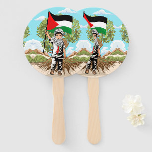 Child with Keffiyeh Palestine Flag and Olive Tree  Hand Fan