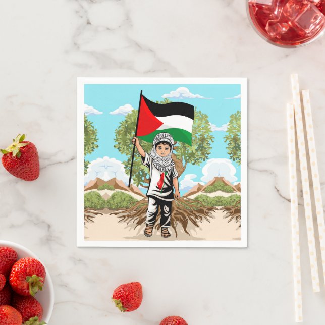 Child with Keffiyeh Palestine Flag and Olive Tree  Napkin (Insitu)