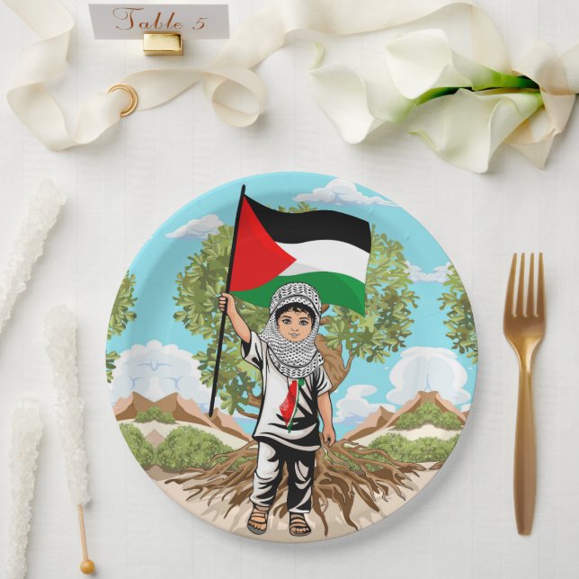 Child with Keffiyeh Palestine Flag and Olive Tree  Paper Plate (Wedding)