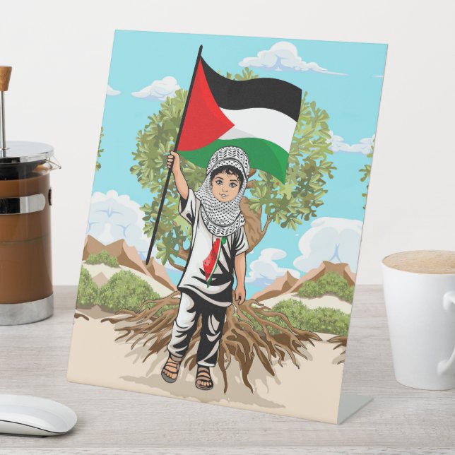 Child with Keffiyeh Palestine Flag and Olive Tree  Pedestal Sign (In SItu)