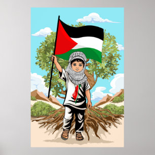 Child with Keffiyeh Palestine Flag and Olive Tree Poster