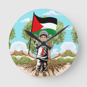 Child with Keffiyeh Palestine Flag and Olive Tree Round Clock