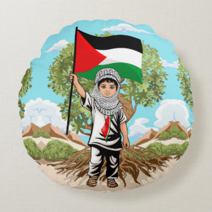 Child with Keffiyeh Palestine Flag and Olive Tree  Round Cushion