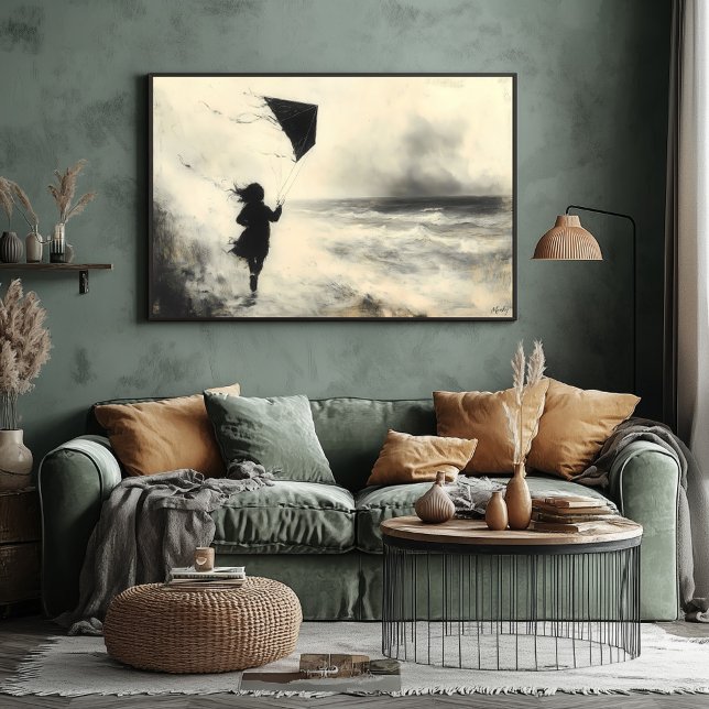 Child with Kite by the Sea in Charcoal Art Poster (Creator Uploaded)