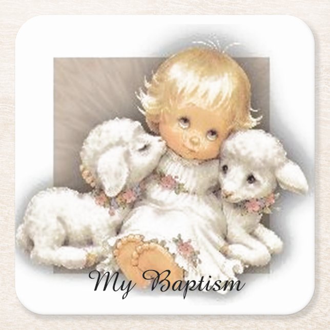 Child with lamb square paper coaster (Front)