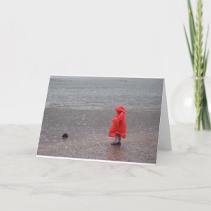 Child with red raincoat in the rain thank you card
