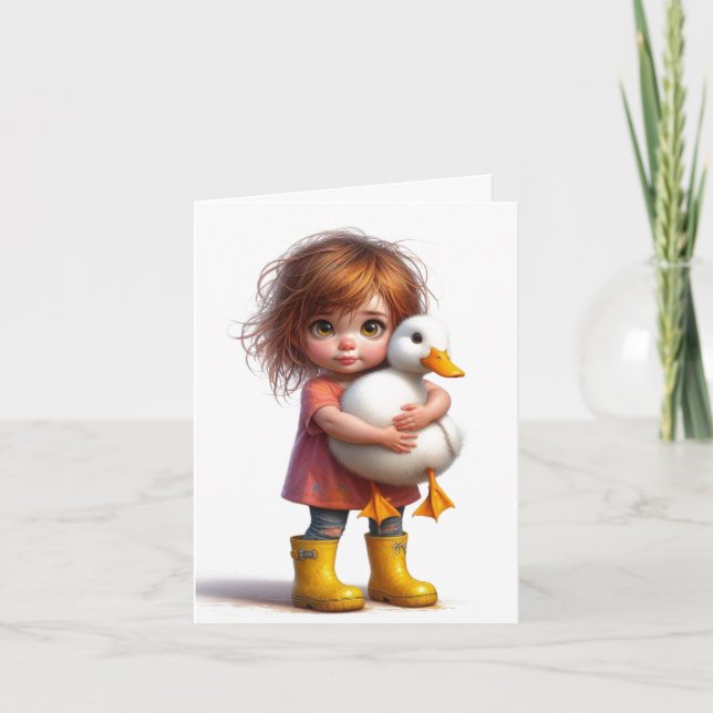 Child with White Pekin Duck any occasion card (Front)