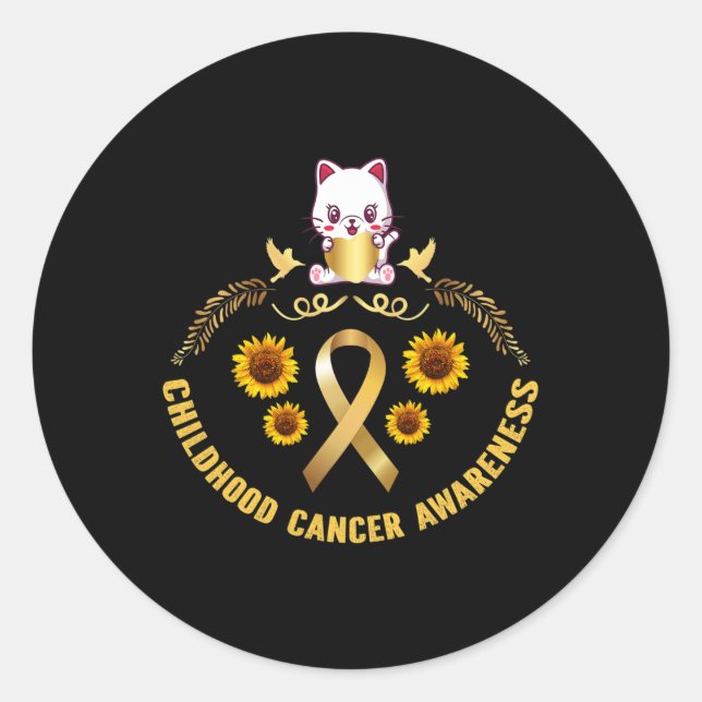 childhood cancer awareness beautiful cat gold canc classic round sticker (Front)