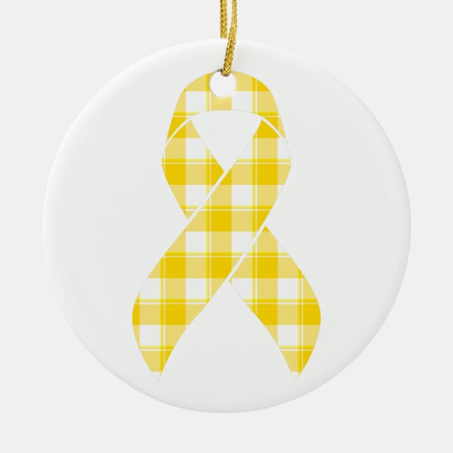 Childhood Cancer Survivor Plaid Gold Ribbon Ceramic Ornament (Front)