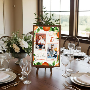 Childhood Photos Of Bride & Groom Orange Wedding Table Number