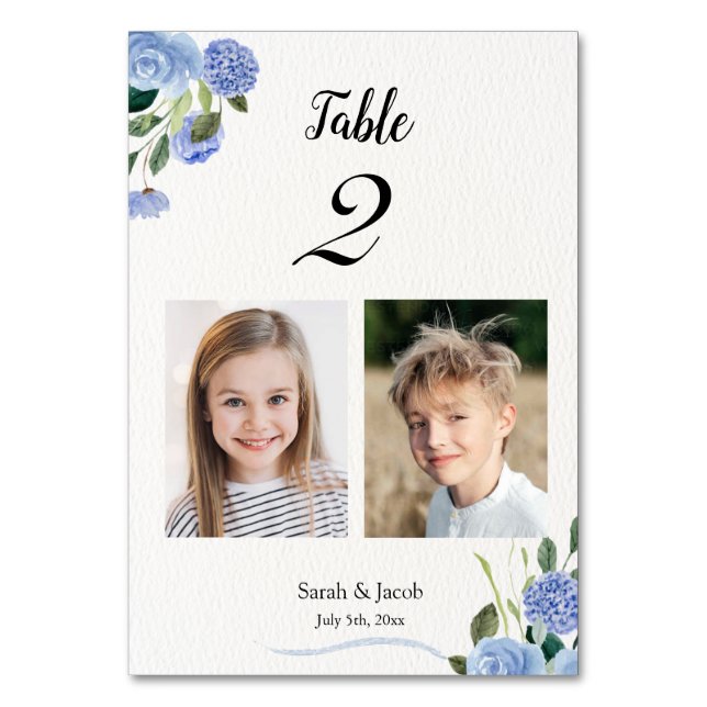 Childhood Photos Table Number Wedding Blue Floral (Back)