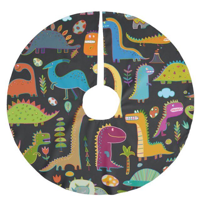 Childish Dinosaurs: Fun Seamless Pattern Brushed Polyester Tree Skirt (Front)