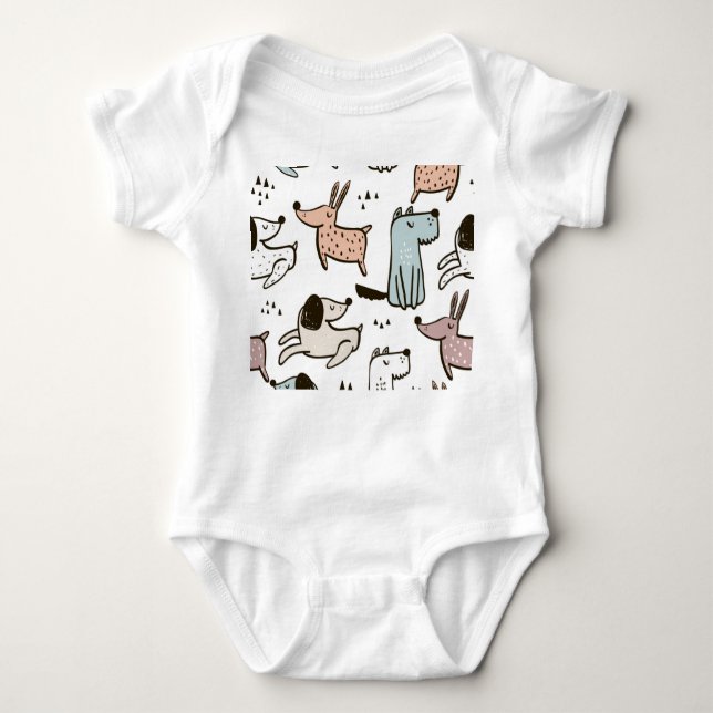 Childish dogs, hand drawn, trendy pattern. baby bodysuit (Front)