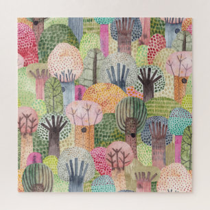 Childish Forest: Cute Watercolor Background. Jigsaw Puzzle