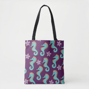 childish nautical seamless pattern with seahorses tote bag