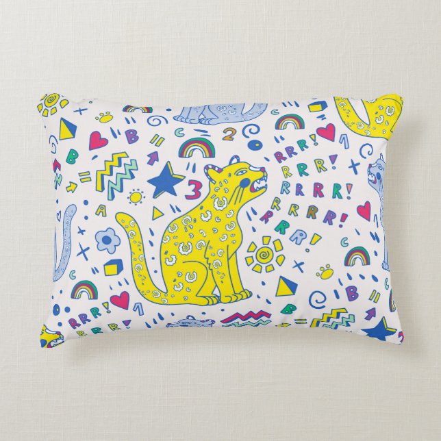 childish pattern with tiger,  letters,  rainbows,  decorative cushion (Front)