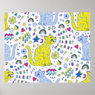 childish pattern with tiger, letters, rainbows, poster