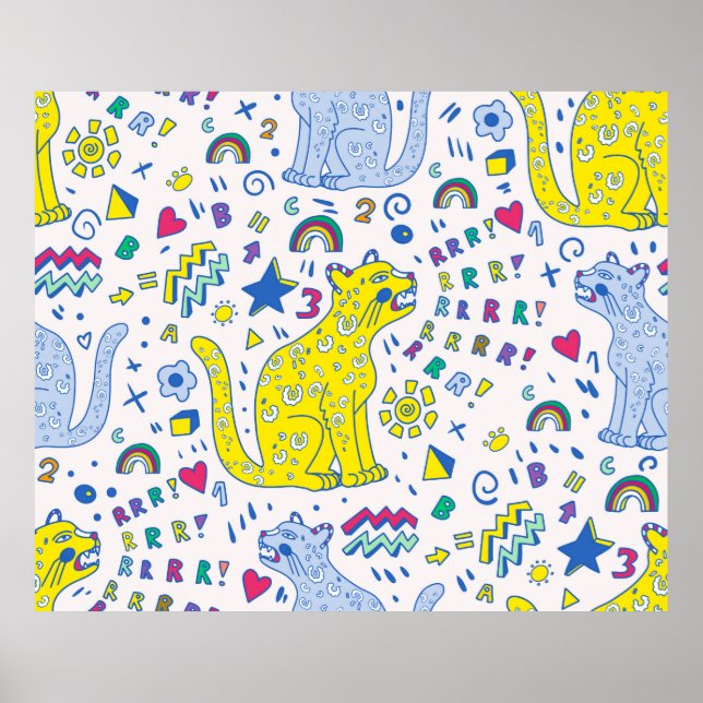 childish pattern with tiger,  letters,  rainbows,  poster (Front)