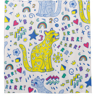childish pattern with tiger, letters, rainbows, shower curtain