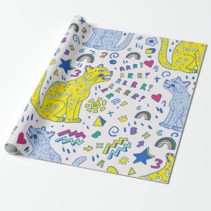 childish pattern with tiger, letters, rainbows, wrapping paper