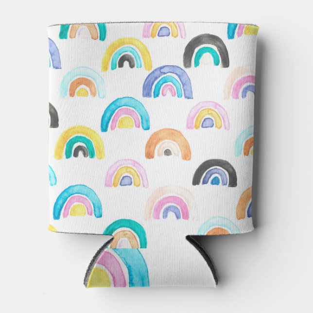 Childish Rainbow, Watercolor Kids Pattern. Can Cooler (Front)