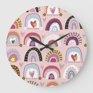 Childish Rainbows Flowers Hearts Pattern Large Clock