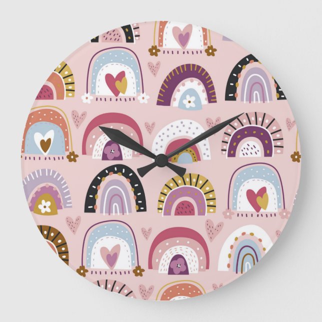 Childish Rainbows Flowers Hearts Pattern Large Clock (Front)