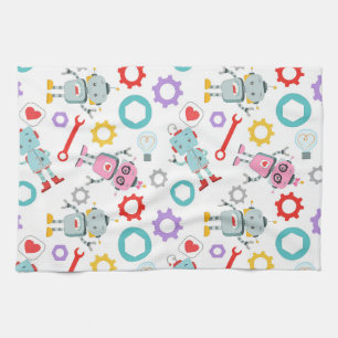 Childish Robots Colourful Mechanical Parts Tools Tea Towel