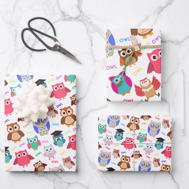 Childish seamless pattern with cute owls on white  wrapping paper sheet (Front)