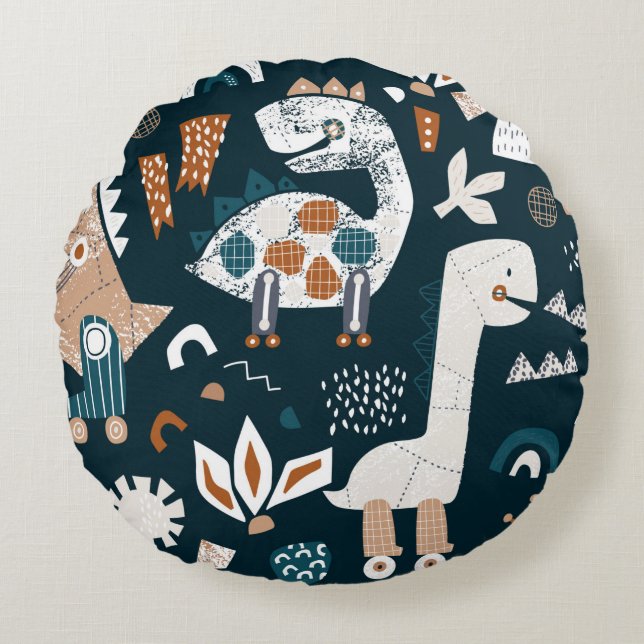 Childish seamless pattern with hand drawn dinosaur round cushion (Front)