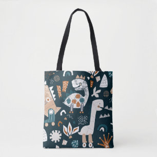 Childish seamless pattern with hand drawn dinosaur tote bag