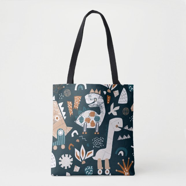 Childish seamless pattern with hand drawn dinosaur tote bag (Front)