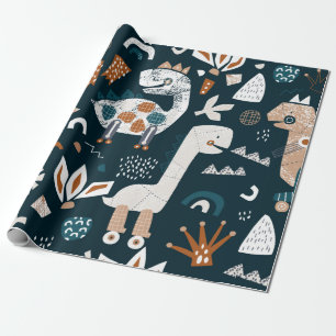 Childish seamless pattern with hand drawn dinosaur wrapping paper