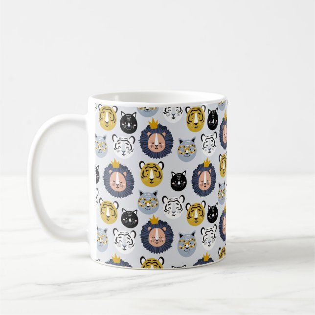 Childish seamless pattern with hand drawn lions ti coffee mug (Left)