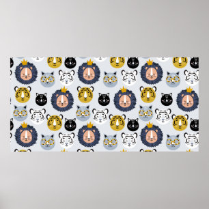 Childish seamless pattern with hand drawn lions ti poster
