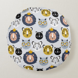 Childish seamless pattern with hand drawn lions ti round cushion
