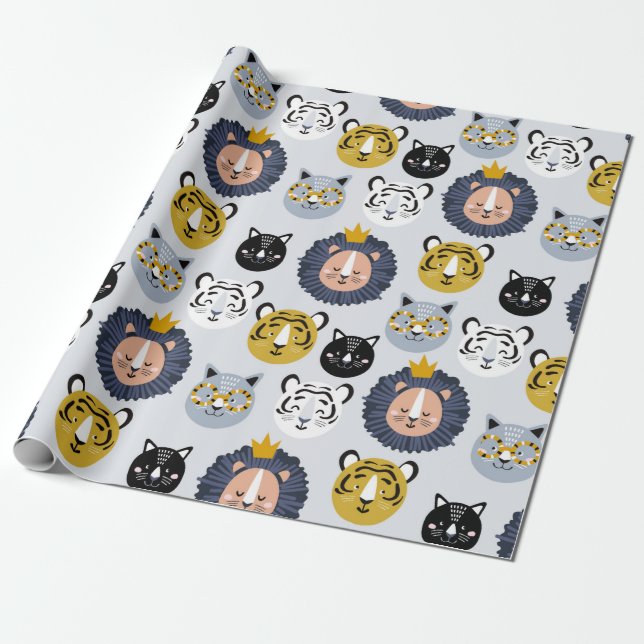 Childish seamless pattern with hand drawn lions ti wrapping paper (Unrolled)